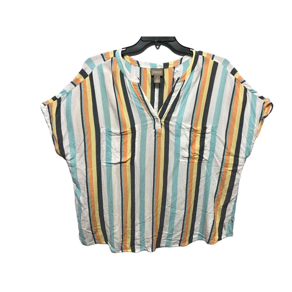 Chico's Women's Size 3 US XL Striped Boxy Popover Top Side Slit Blue White